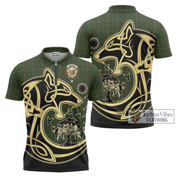 MacKinnon Hunting Tartan Zipper Polo Shirt with Family Crest Celtic Wolf Style