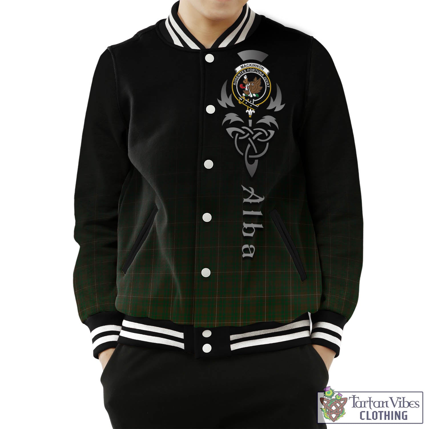 Tartan Vibes Clothing MacKinnon Hunting Tartan Baseball Jacket Featuring Alba Gu Brath Family Crest Celtic Inspired