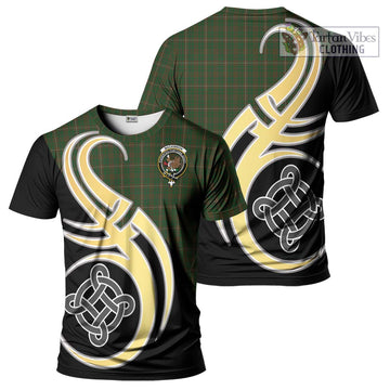 MacKinnon Hunting Tartan T-Shirt with Family Crest and Celtic Symbol Style