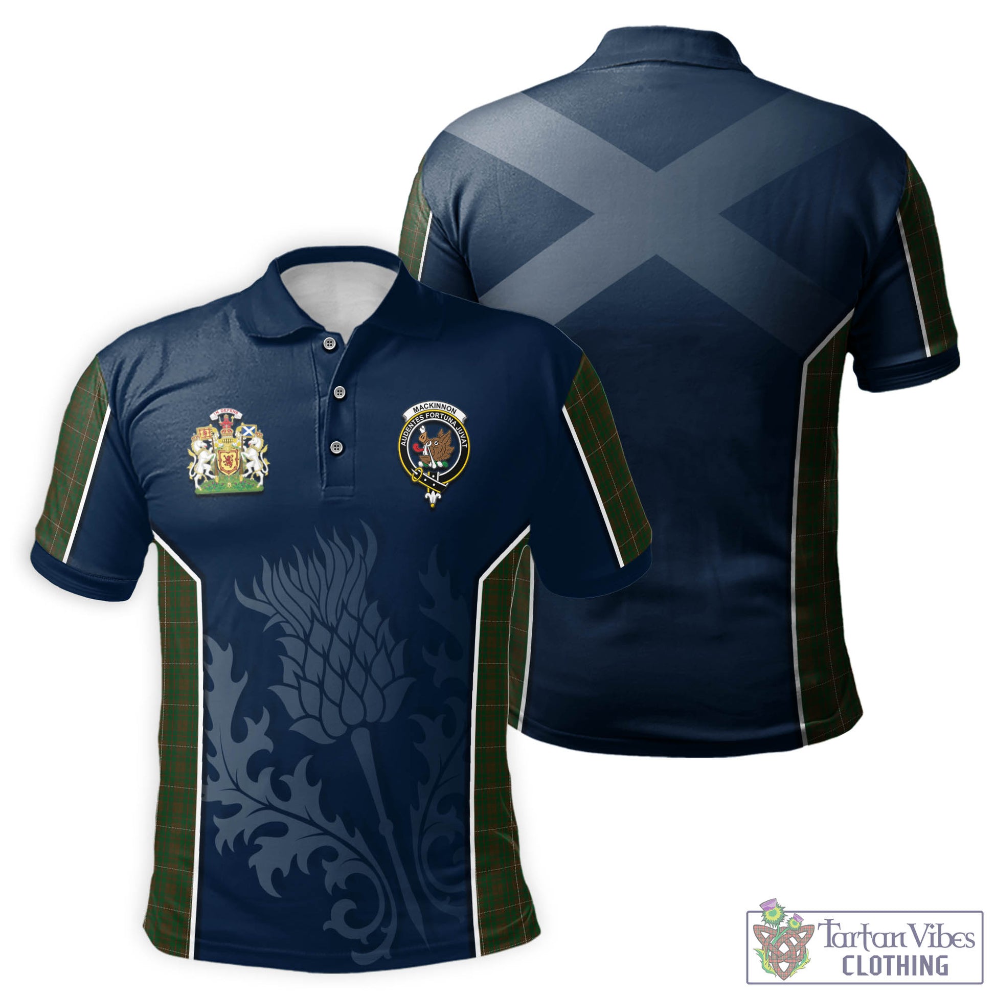 Tartan Vibes Clothing MacKinnon Hunting Tartan Men's Polo Shirt with Family Crest and Scottish Thistle Vibes Sport Style