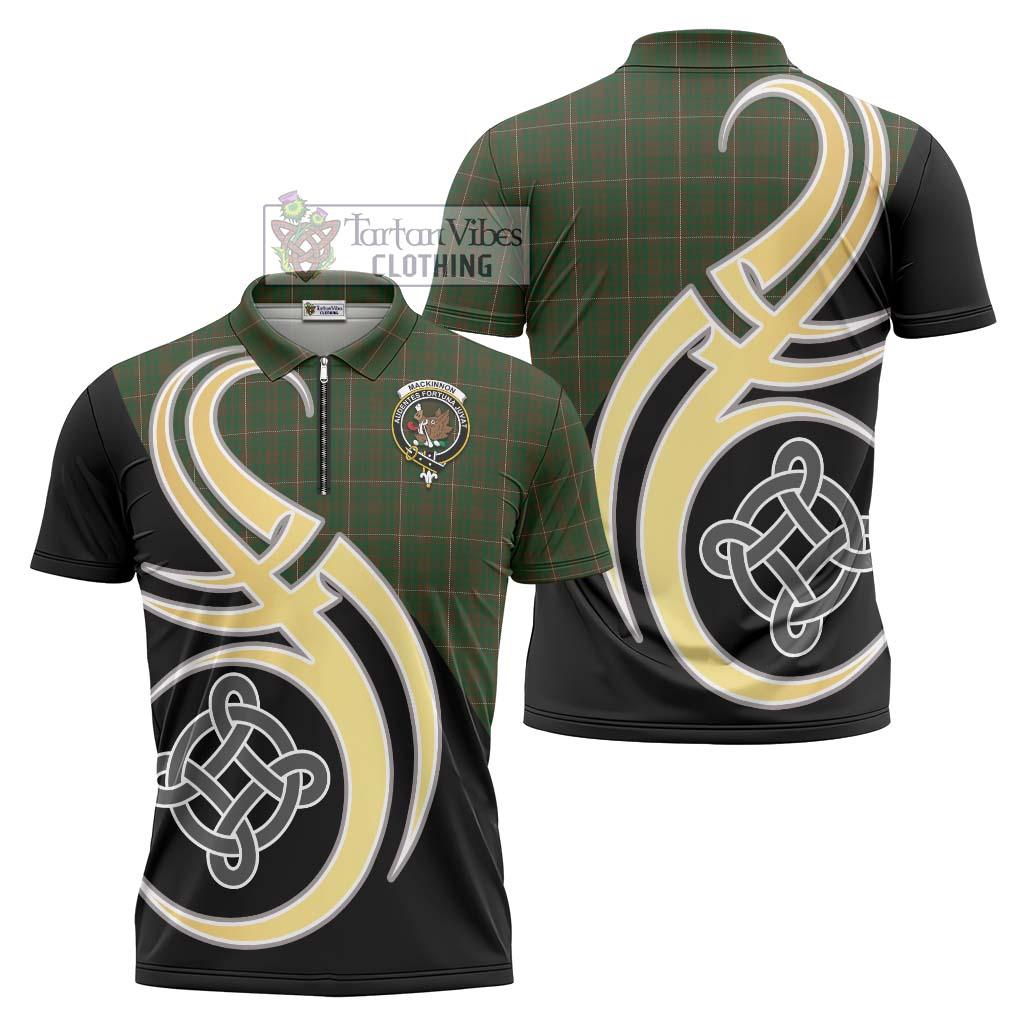 Tartan Vibes Clothing MacKinnon Hunting Tartan Zipper Polo Shirt with Family Crest and Celtic Symbol Style