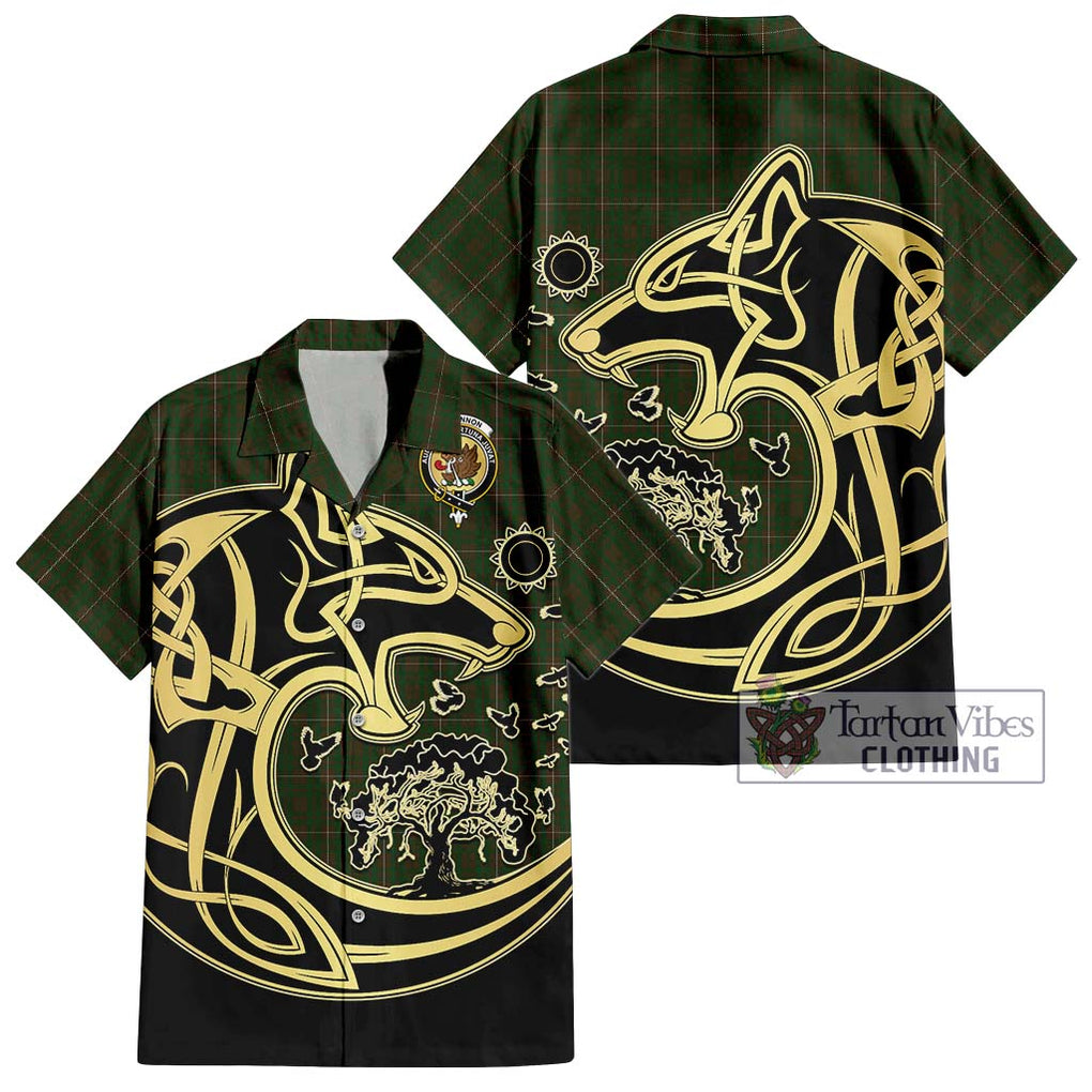 MacKinnon Hunting Tartan Short Sleeve Button Shirt with Family Crest Celtic Wolf Style Kid - Tartan Vibes Clothing