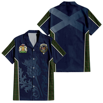 MacKinnon Hunting Tartan Short Sleeve Button Up Shirt with Family Crest and Scottish Thistle Vibes Sport Style