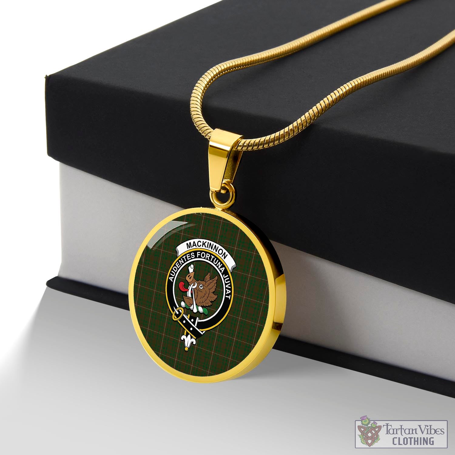 Tartan Vibes Clothing MacKinnon Hunting Tartan Circle Necklace with Family Crest