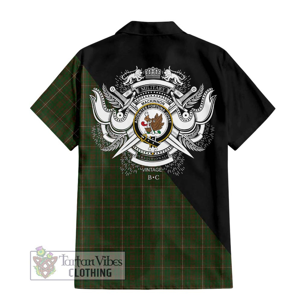 MacKinnon Hunting Tartan Short Sleeve Button Shirt with Family Crest and Military Logo Style - Tartanvibesclothing Shop