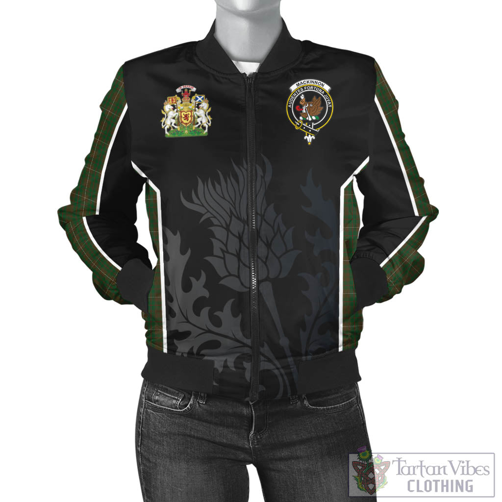 Tartan Vibes Clothing MacKinnon Hunting Tartan Bomber Jacket with Family Crest and Scottish Thistle Vibes Sport Style