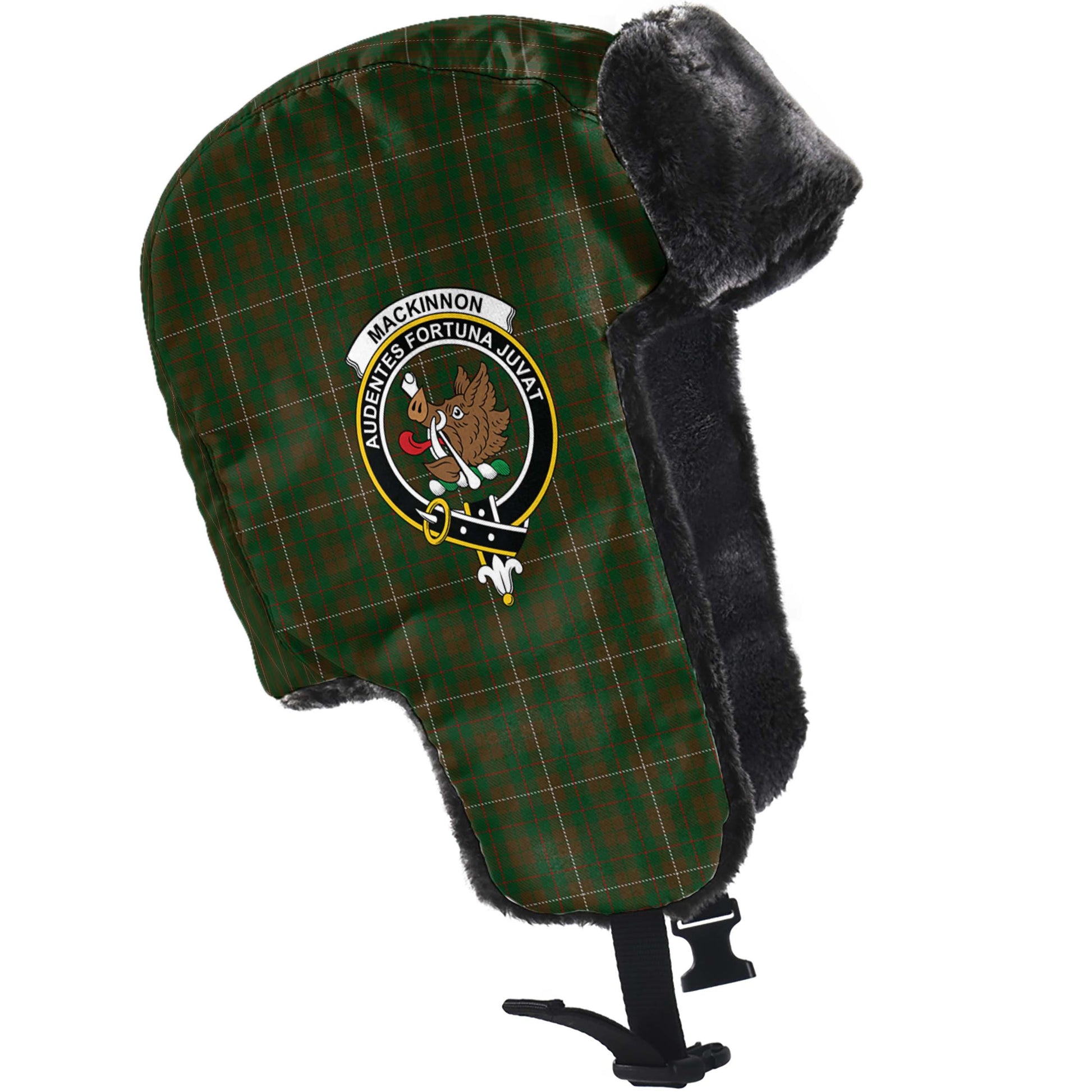 MacKinnon Hunting Tartan Winter Trapper Hat with Family Crest - Tartanvibesclothing