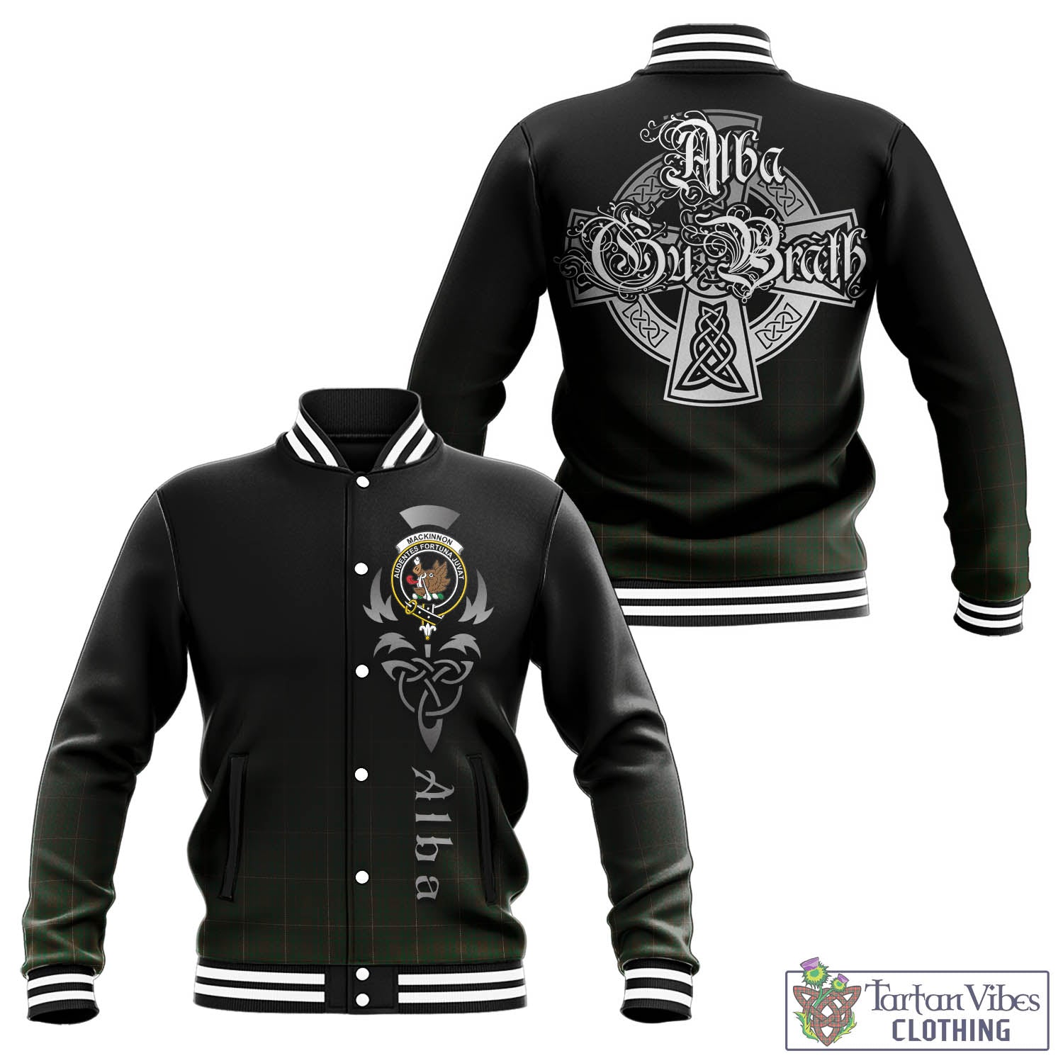 Tartan Vibes Clothing MacKinnon Hunting Tartan Baseball Jacket Featuring Alba Gu Brath Family Crest Celtic Inspired