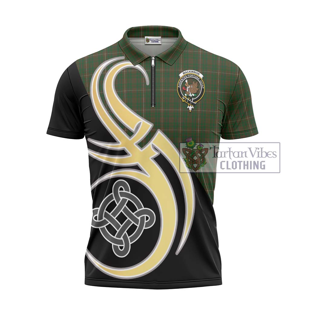 Tartan Vibes Clothing MacKinnon Hunting Tartan Zipper Polo Shirt with Family Crest and Celtic Symbol Style