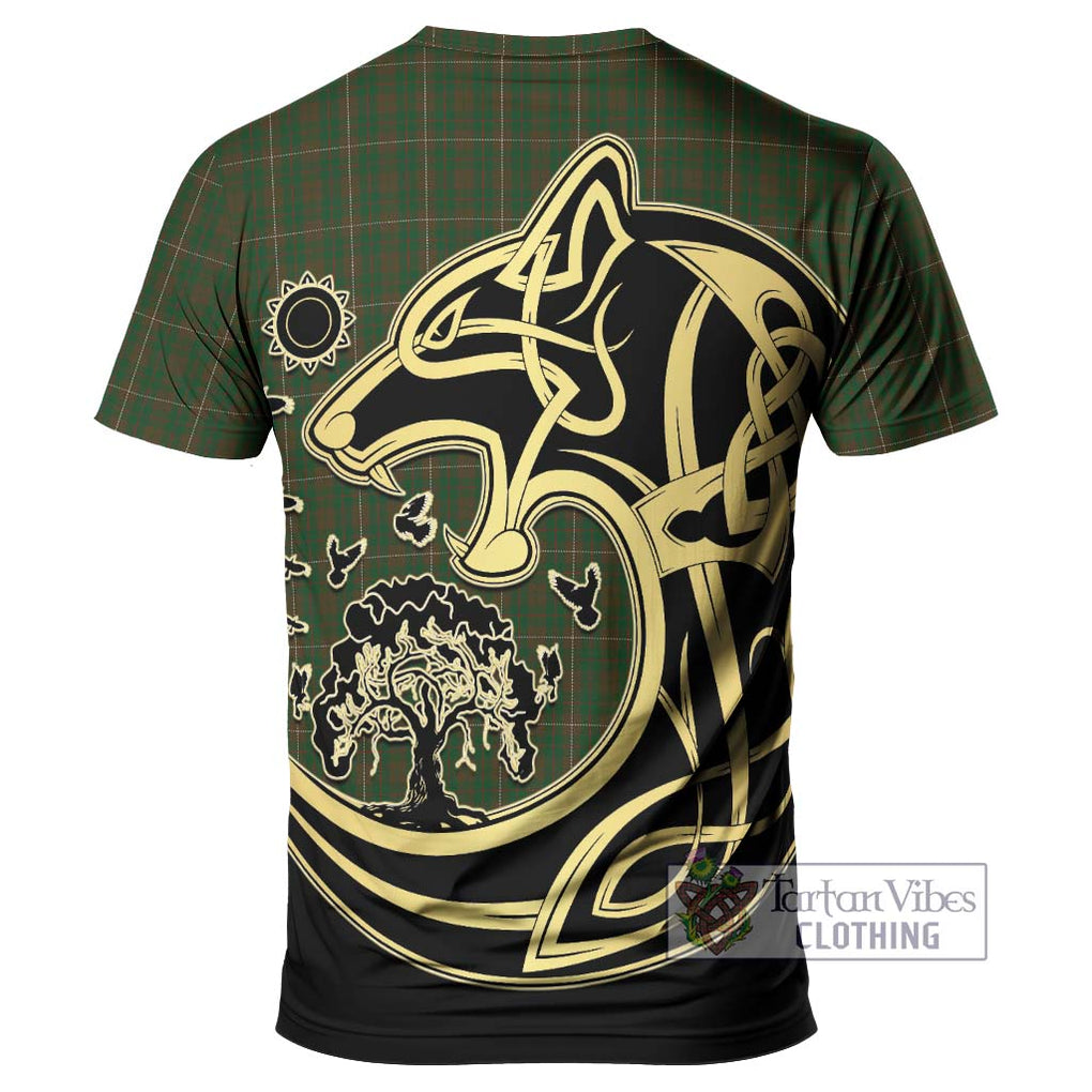 MacKinnon Hunting Tartan T-Shirt with Family Crest Celtic Wolf Style - Tartan Vibes Clothing