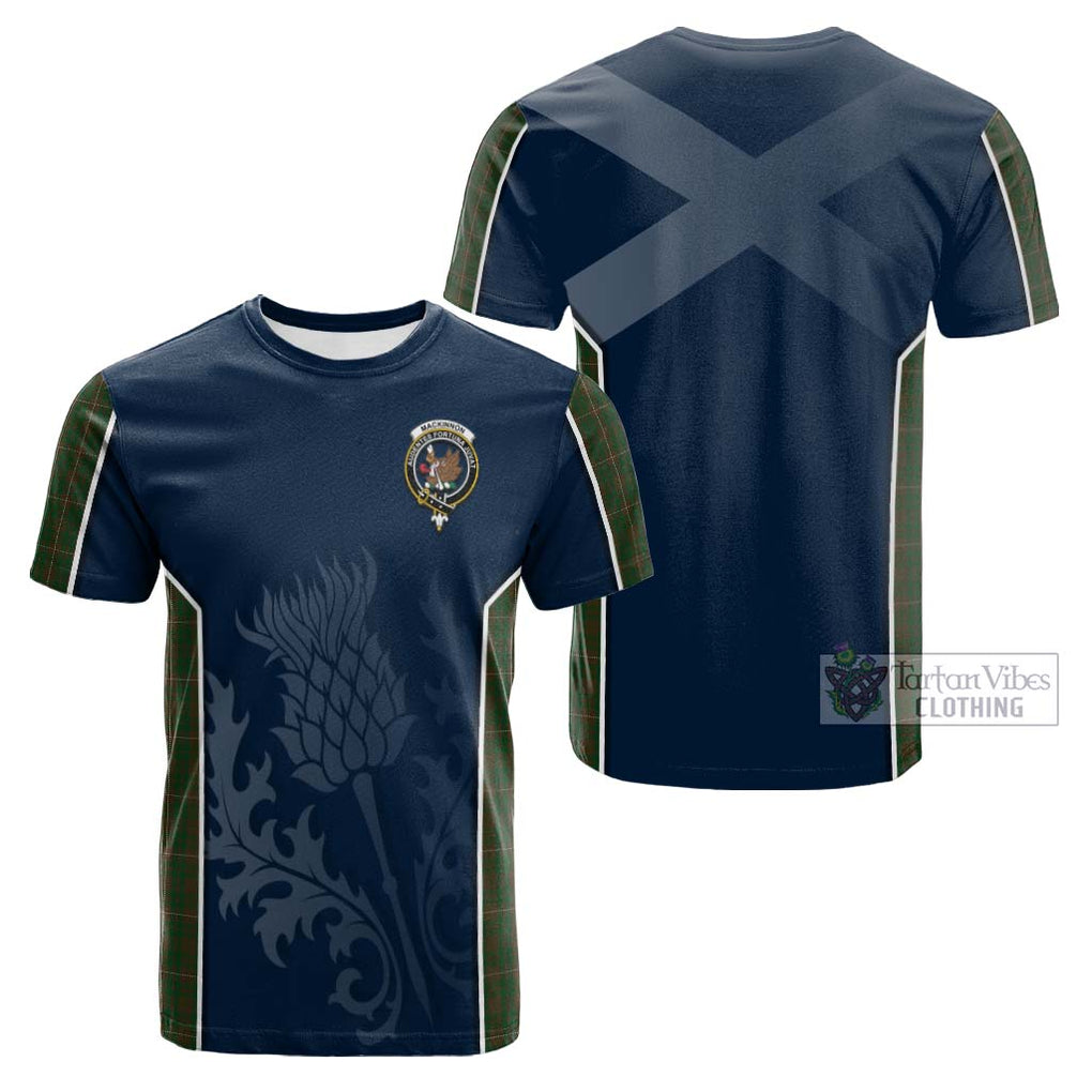 Tartan Vibes Clothing MacKinnon Hunting Tartan Cotton T-shirt with Family Crest and Scottish Thistle Vibes Sport Style