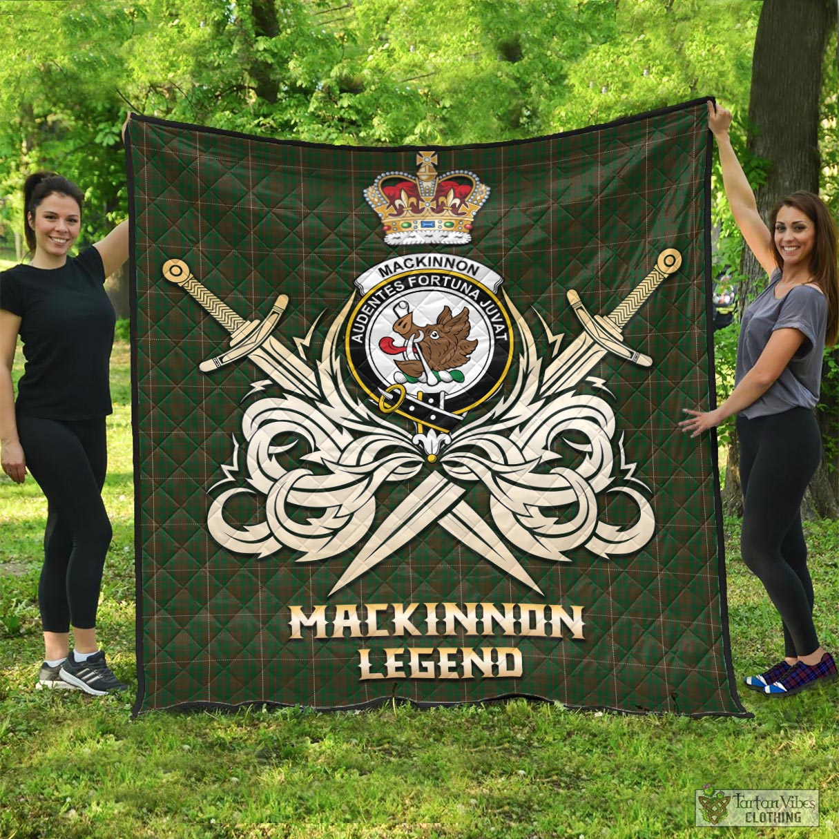 Tartan Vibes Clothing MacKinnon Hunting Tartan Quilt with Clan Crest and the Golden Sword of Courageous Legacy