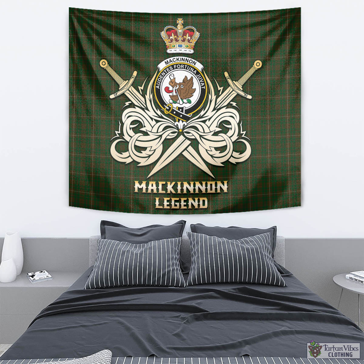 Tartan Vibes Clothing MacKinnon Hunting Tartan Tapestry with Clan Crest and the Golden Sword of Courageous Legacy