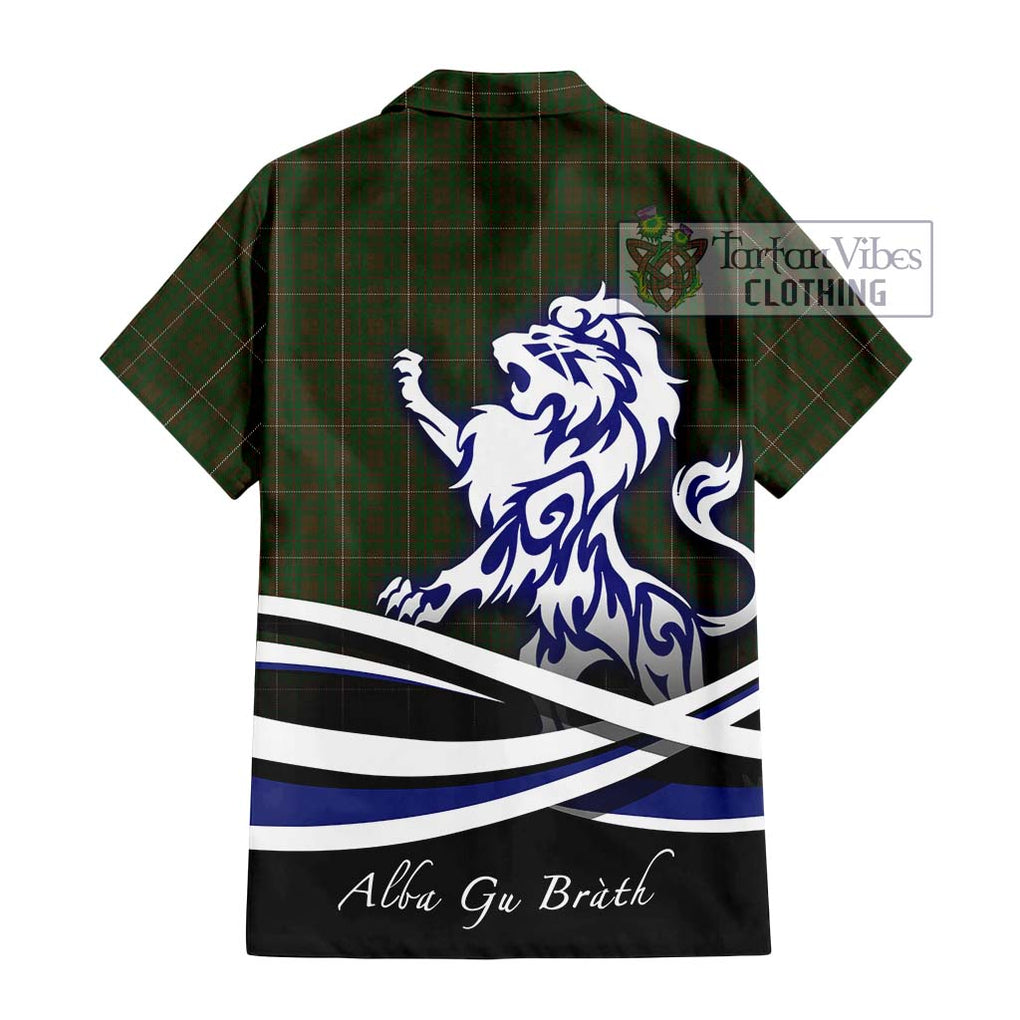 MacKinnon Hunting Tartan Short Sleeve Button Shirt with Alba Gu Brath Regal Lion Emblem - Tartanvibesclothing Shop