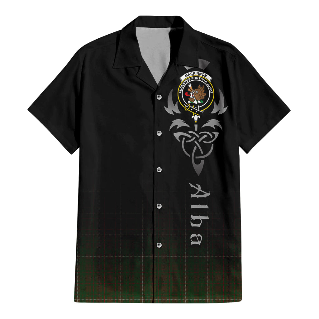 Tartan Vibes Clothing MacKinnon Hunting Tartan Short Sleeve Button Up Featuring Alba Gu Brath Family Crest Celtic Inspired