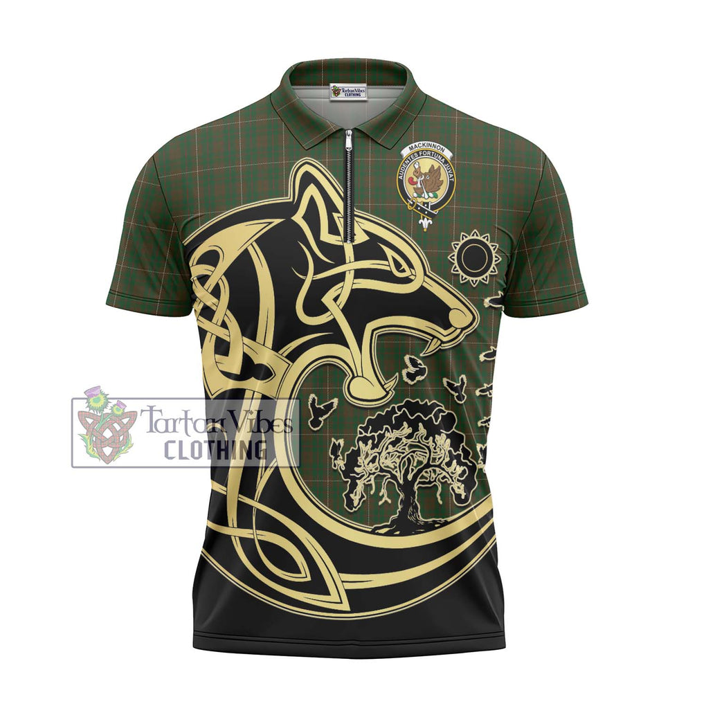 MacKinnon Hunting Tartan Zipper Polo Shirt with Family Crest Celtic Wolf Style - Tartanvibesclothing Shop