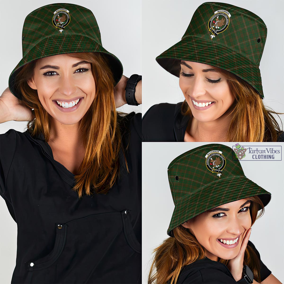 Tartan Vibes Clothing MacKinnon Hunting Tartan Bucket Hat with Family Crest