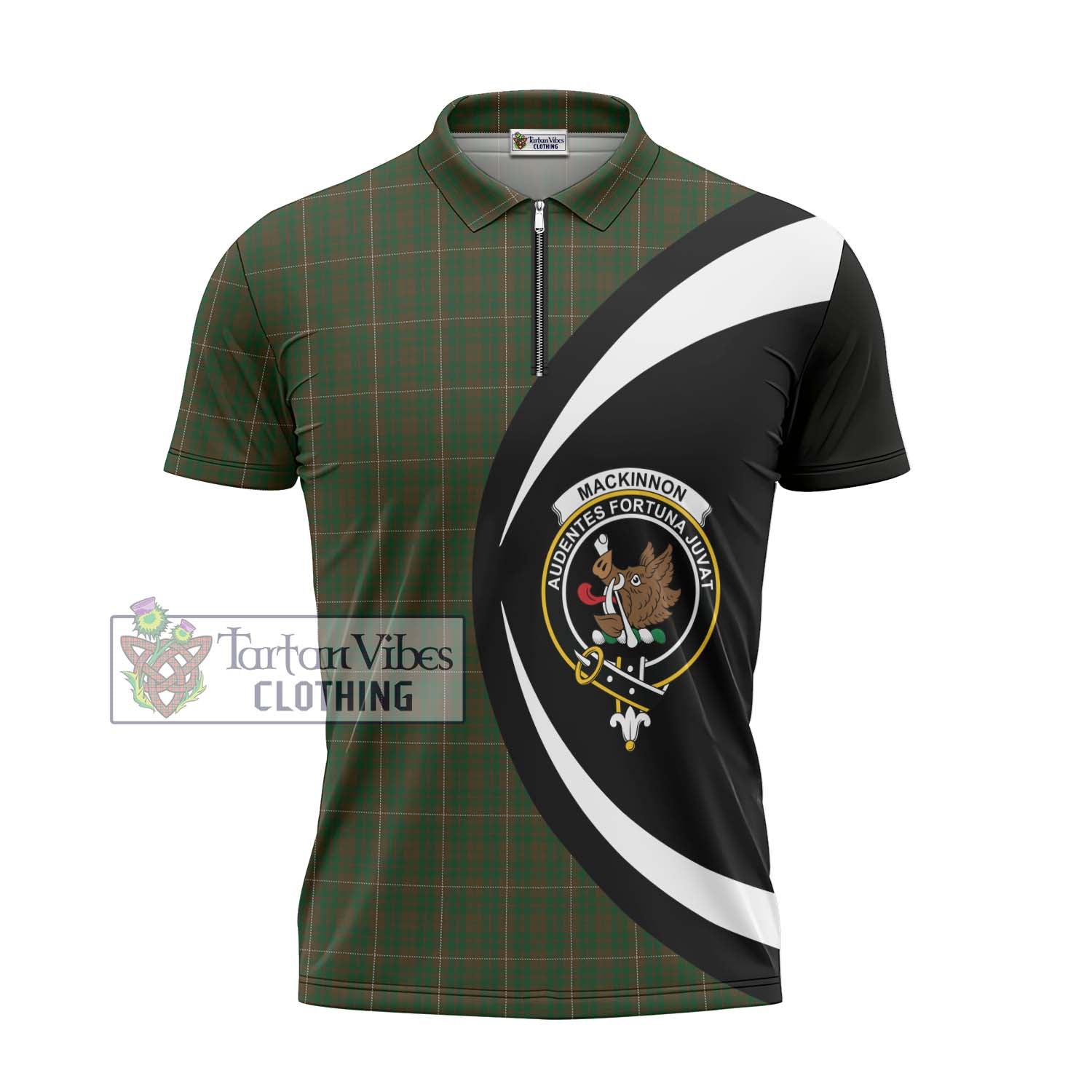 Tartan Vibes Clothing MacKinnon Hunting Tartan Zipper Polo Shirt with Family Crest Circle Style