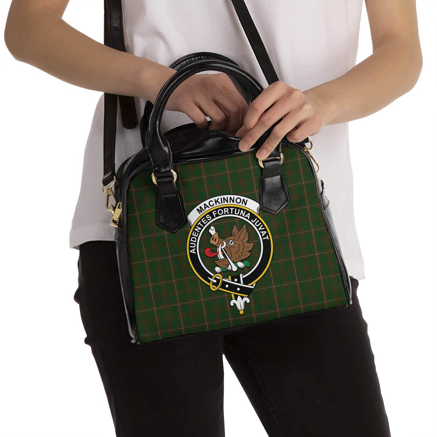 MacKinnon Hunting Tartan Shoulder Handbags with Family Crest - Tartanvibesclothing