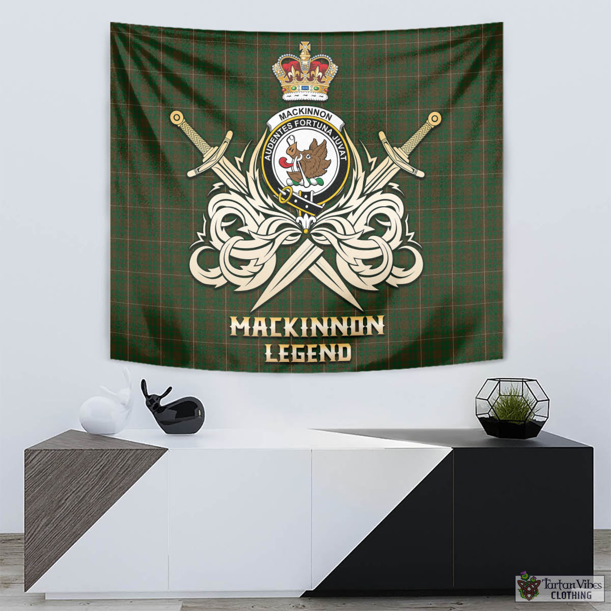 Tartan Vibes Clothing MacKinnon Hunting Tartan Tapestry with Clan Crest and the Golden Sword of Courageous Legacy