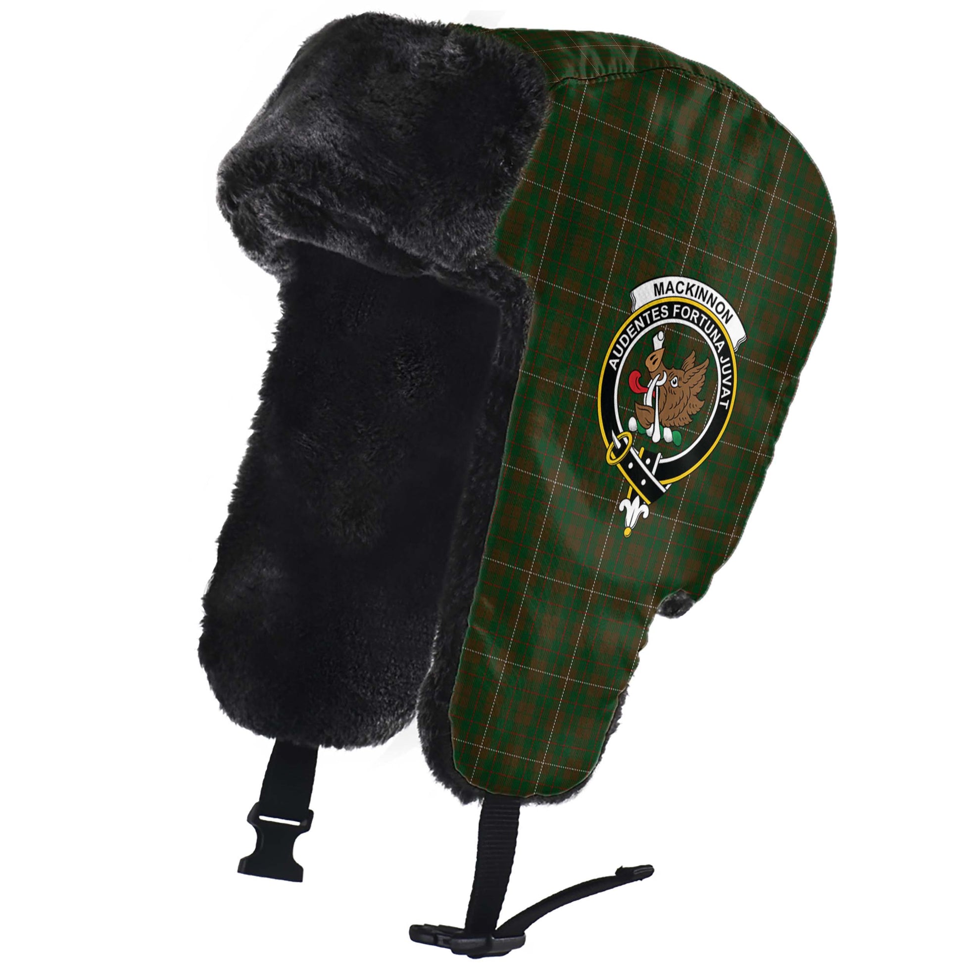 MacKinnon Hunting Tartan Winter Trapper Hat with Family Crest - Tartanvibesclothing