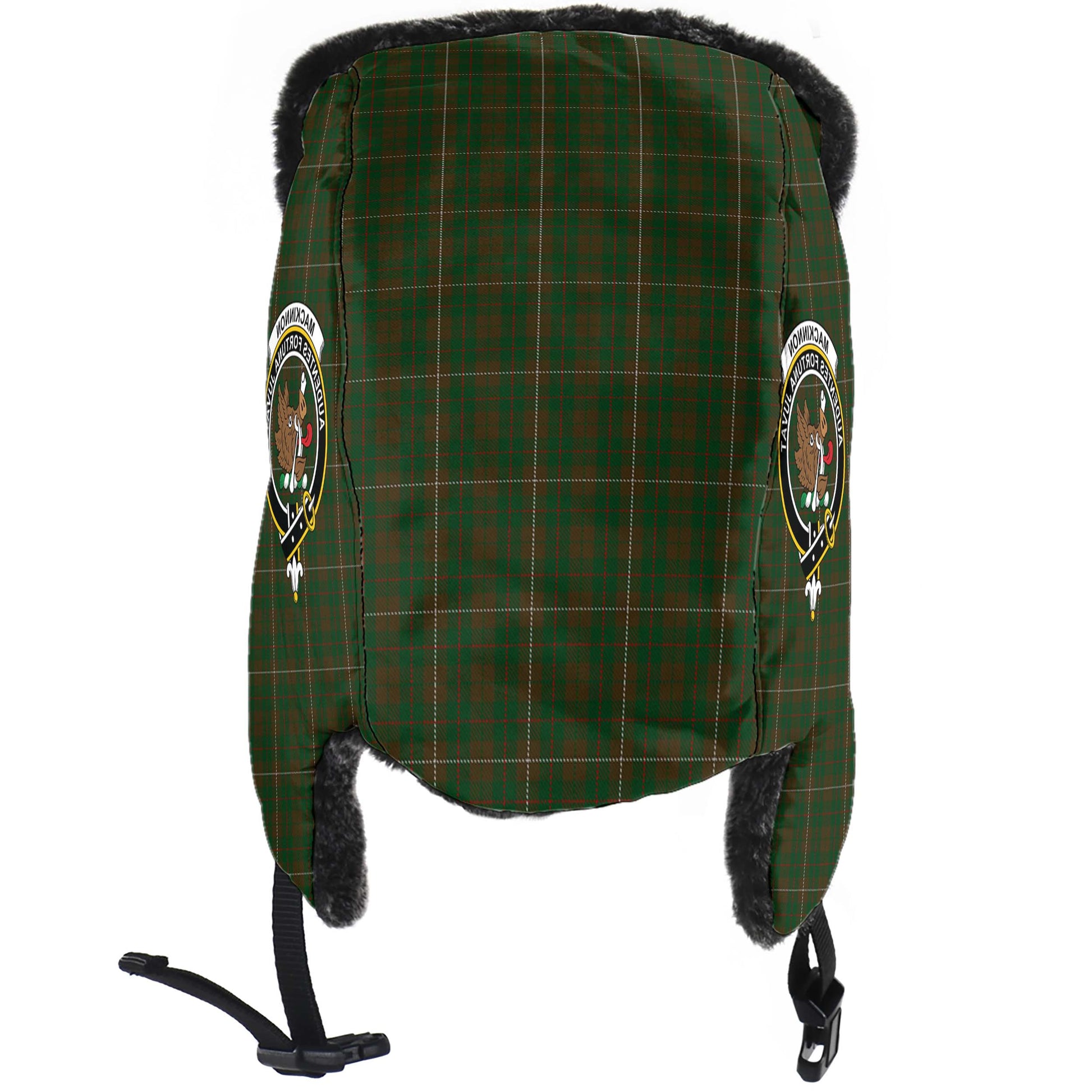 MacKinnon Hunting Tartan Winter Trapper Hat with Family Crest - Tartanvibesclothing