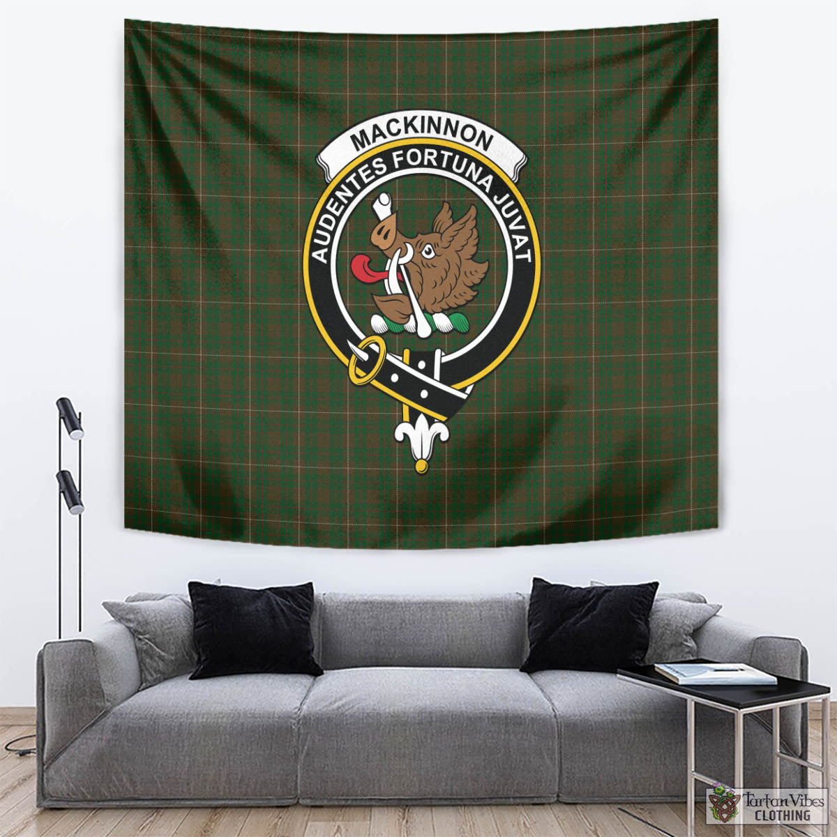 Tartan Vibes Clothing MacKinnon Hunting Tartan Tapestry Wall Hanging and Home Decor for Room with Family Crest