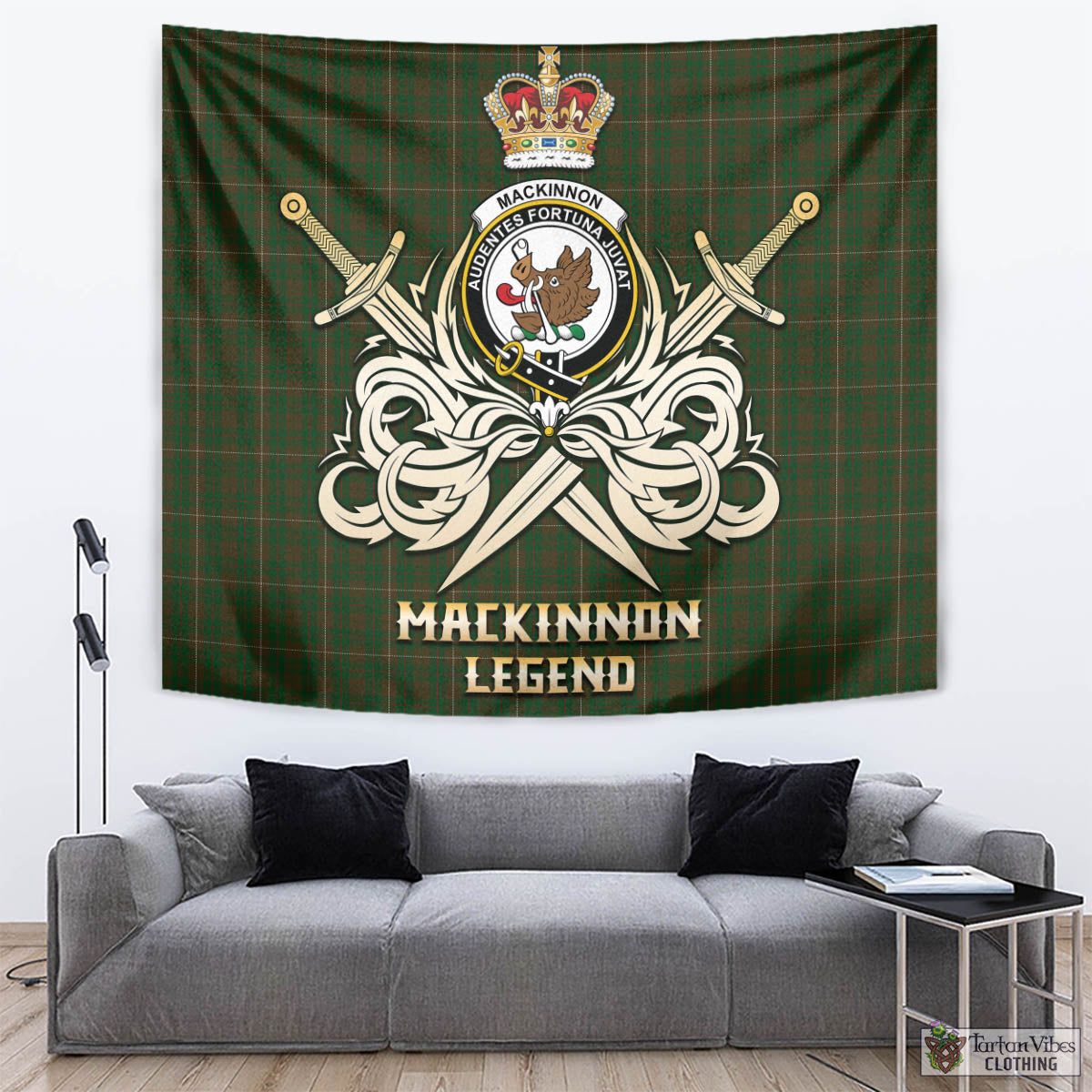 Tartan Vibes Clothing MacKinnon Hunting Tartan Tapestry with Clan Crest and the Golden Sword of Courageous Legacy