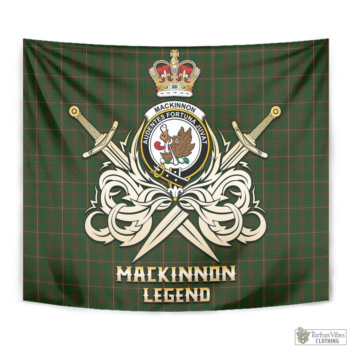 Tartan Vibes Clothing MacKinnon Hunting Tartan Tapestry with Clan Crest and the Golden Sword of Courageous Legacy