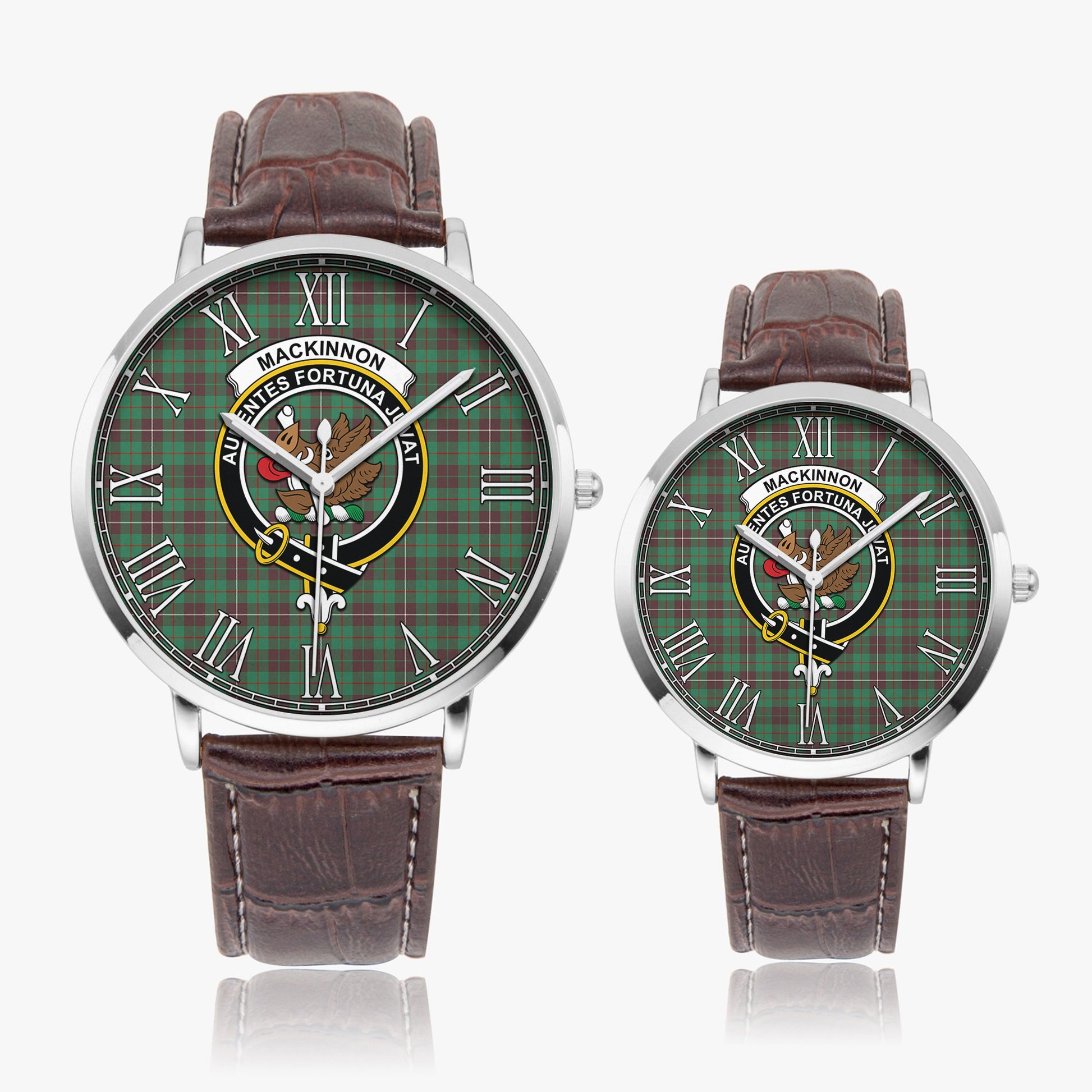 MacKinnon Hunting Ancient Tartan Family Crest Leather Strap Quartz Watch - Tartanvibesclothing