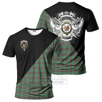 MacKinnon Hunting Ancient Tartan T-Shirt with Family Crest and Military Logo Style