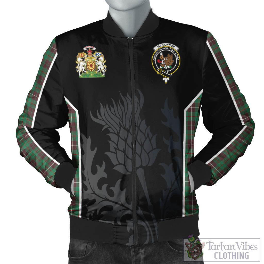 Tartan Vibes Clothing MacKinnon Hunting Ancient Tartan Bomber Jacket with Family Crest and Scottish Thistle Vibes Sport Style