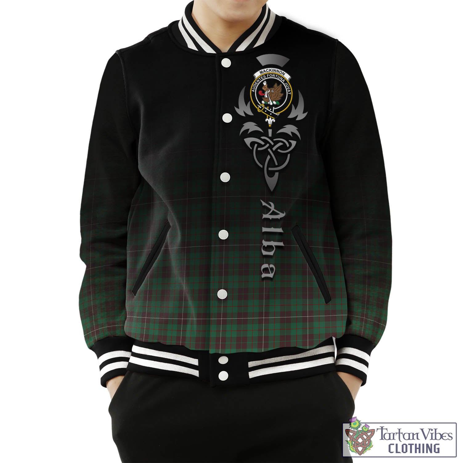 Tartan Vibes Clothing MacKinnon Hunting Ancient Tartan Baseball Jacket Featuring Alba Gu Brath Family Crest Celtic Inspired