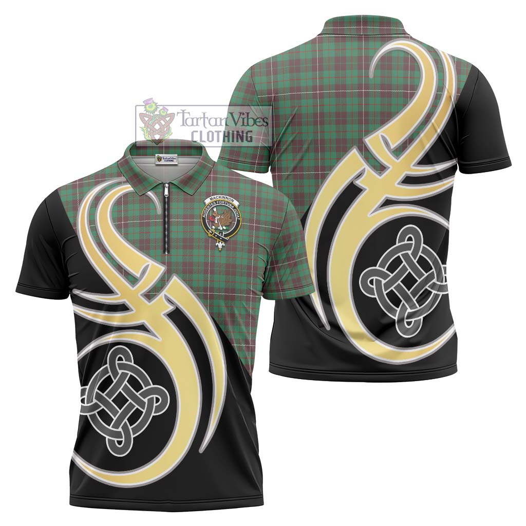 Tartan Vibes Clothing MacKinnon Hunting Ancient Tartan Zipper Polo Shirt with Family Crest and Celtic Symbol Style