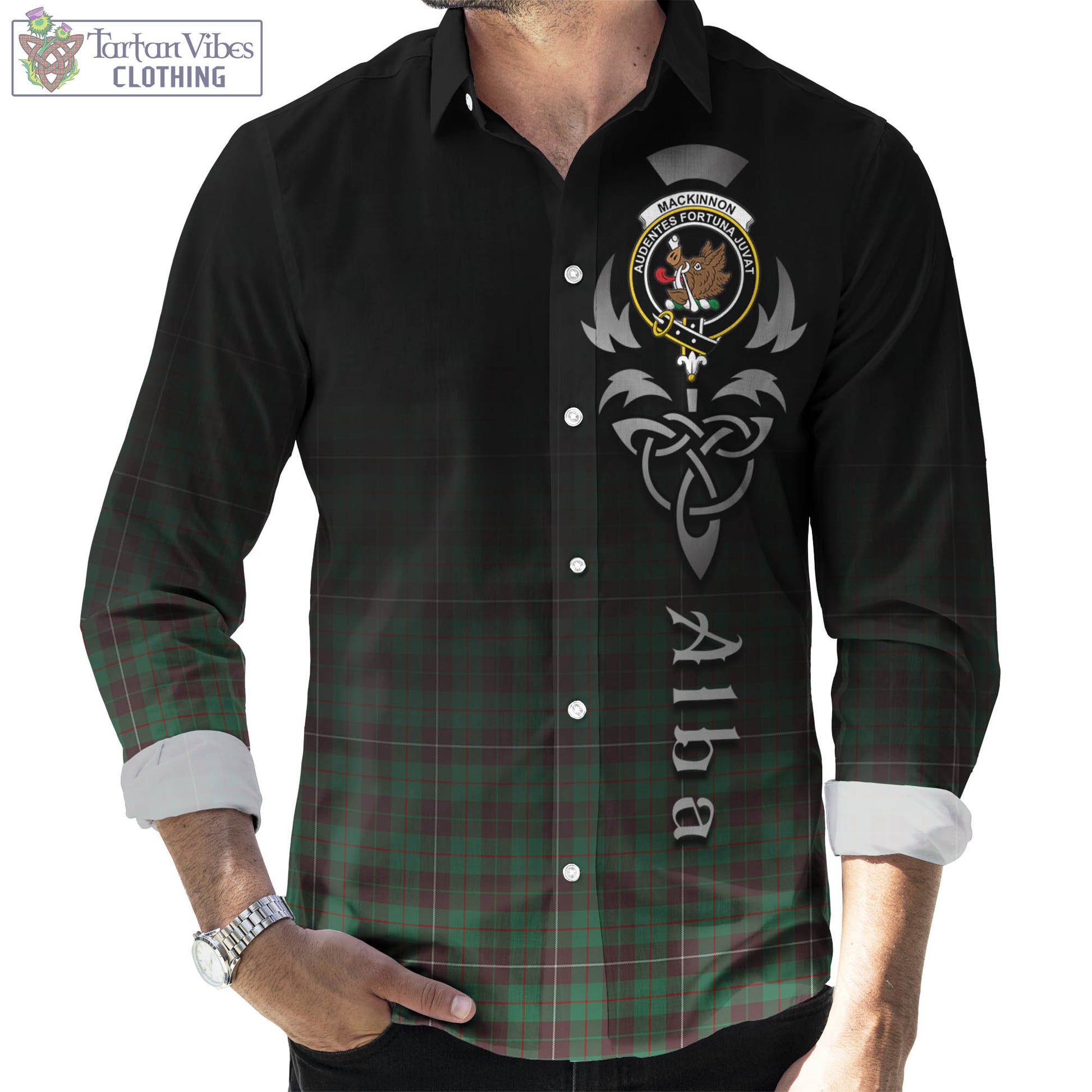 Tartan Vibes Clothing MacKinnon Hunting Ancient Tartan Long Sleeve Button Up Featuring Alba Gu Brath Family Crest Celtic Inspired