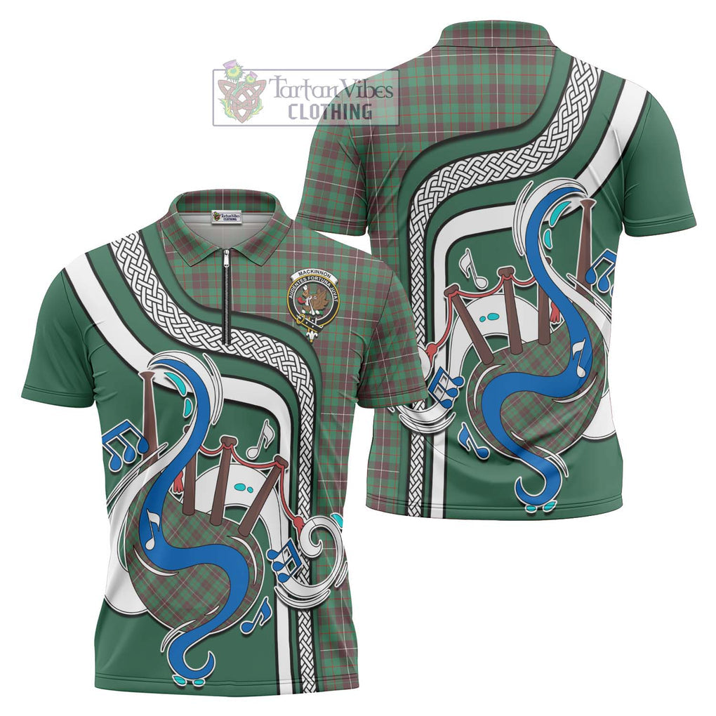 MacKinnon Hunting Ancient Tartan Zipper Polo Shirt with Epic Bagpipe Style Unisex - Tartanvibesclothing Shop