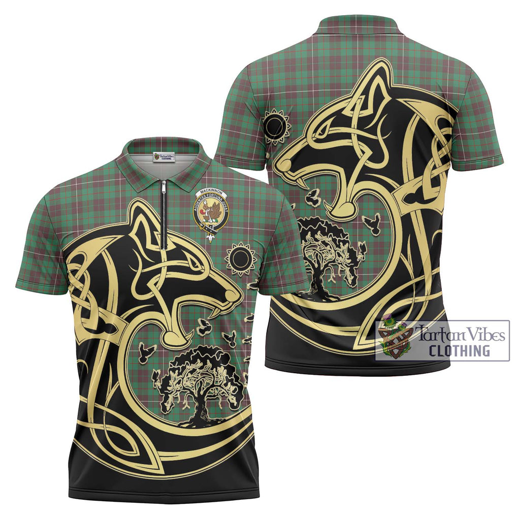 MacKinnon Hunting Ancient Tartan Zipper Polo Shirt with Family Crest Celtic Wolf Style Unisex - Tartanvibesclothing Shop