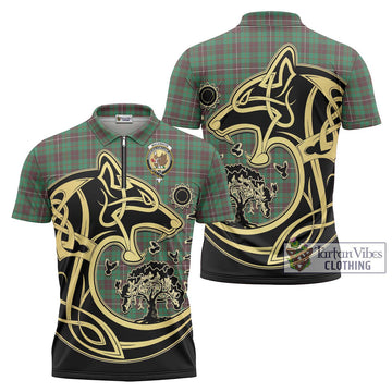 MacKinnon Hunting Ancient Tartan Zipper Polo Shirt with Family Crest Celtic Wolf Style