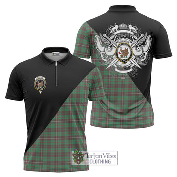 MacKinnon Hunting Ancient Tartan Zipper Polo Shirt with Family Crest and Military Logo Style