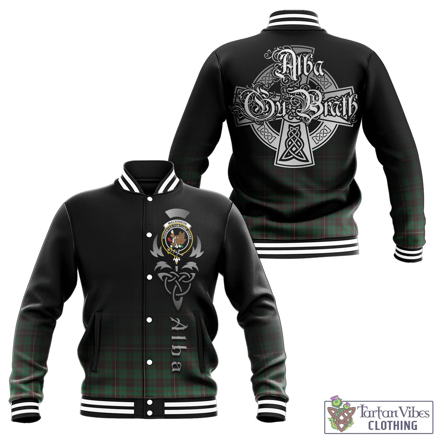 Tartan Vibes Clothing MacKinnon Hunting Ancient Tartan Baseball Jacket Featuring Alba Gu Brath Family Crest Celtic Inspired