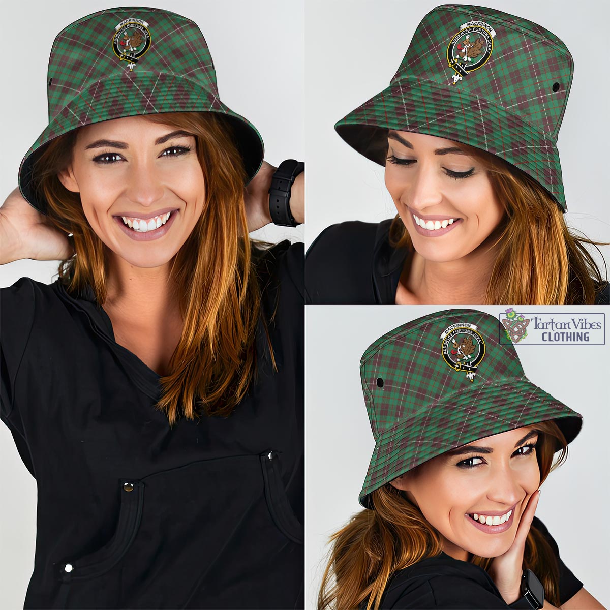 Tartan Vibes Clothing MacKinnon Hunting Ancient Tartan Bucket Hat with Family Crest