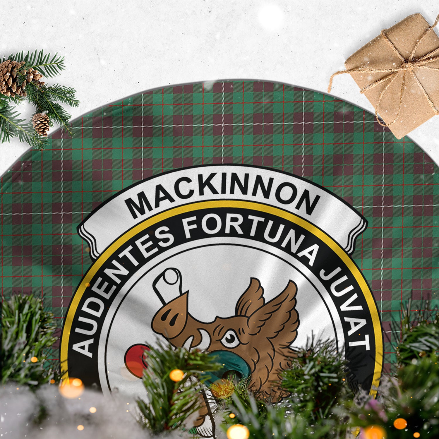 MacKinnon Hunting Ancient Tartan Christmas Tree Skirt with Family Crest - Tartanvibesclothing