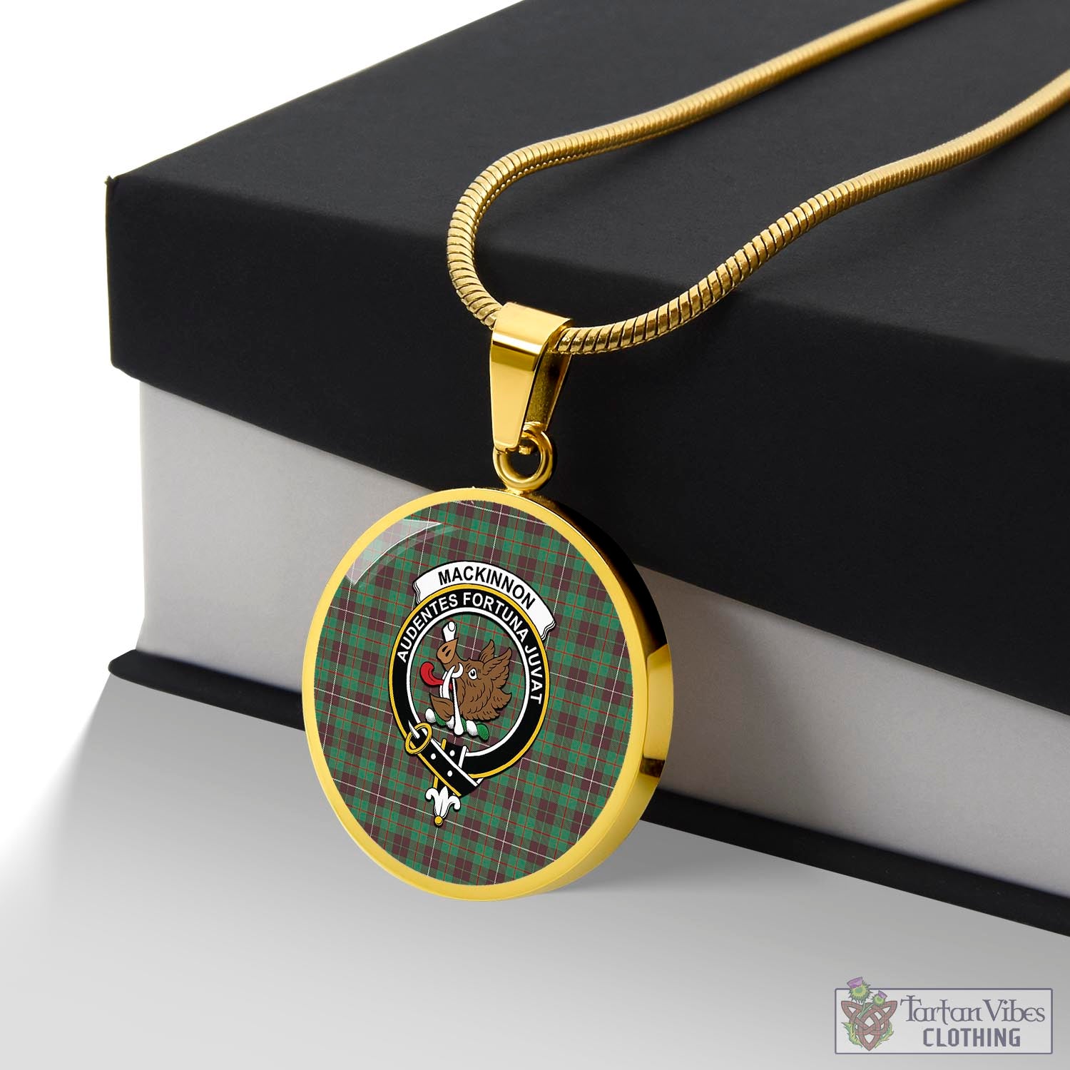 Tartan Vibes Clothing MacKinnon Hunting Ancient Tartan Circle Necklace with Family Crest