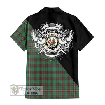 MacKinnon Hunting Ancient Tartan Short Sleeve Button Shirt with Family Crest and Military Logo Style