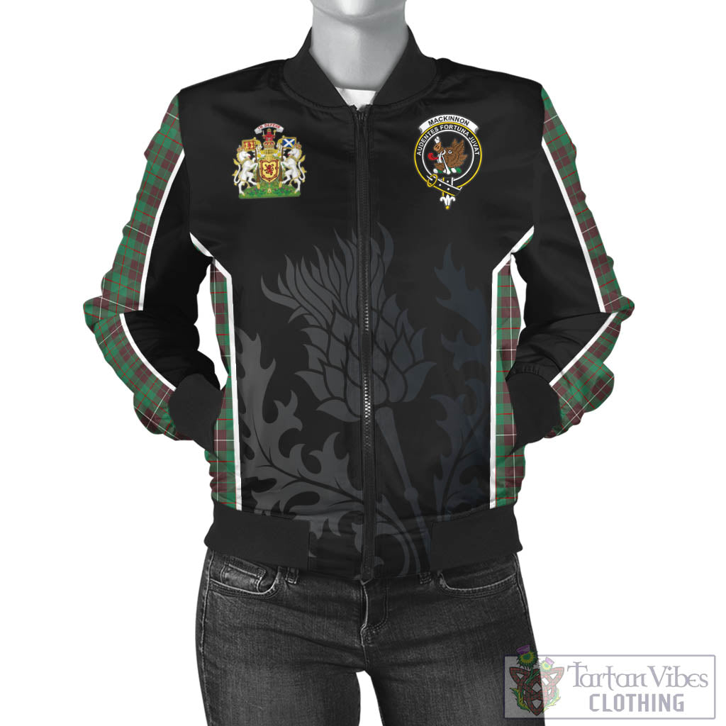 Tartan Vibes Clothing MacKinnon Hunting Ancient Tartan Bomber Jacket with Family Crest and Scottish Thistle Vibes Sport Style