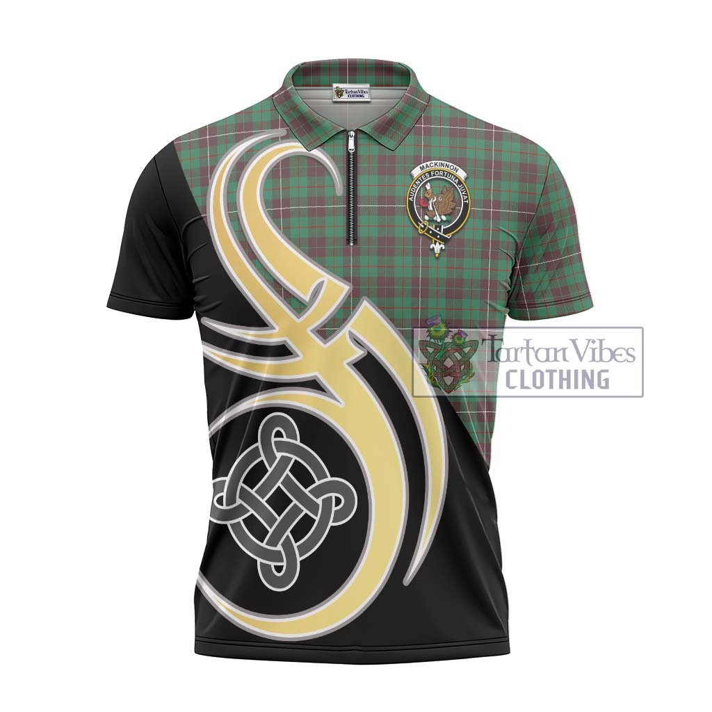 Tartan Vibes Clothing MacKinnon Hunting Ancient Tartan Zipper Polo Shirt with Family Crest and Celtic Symbol Style