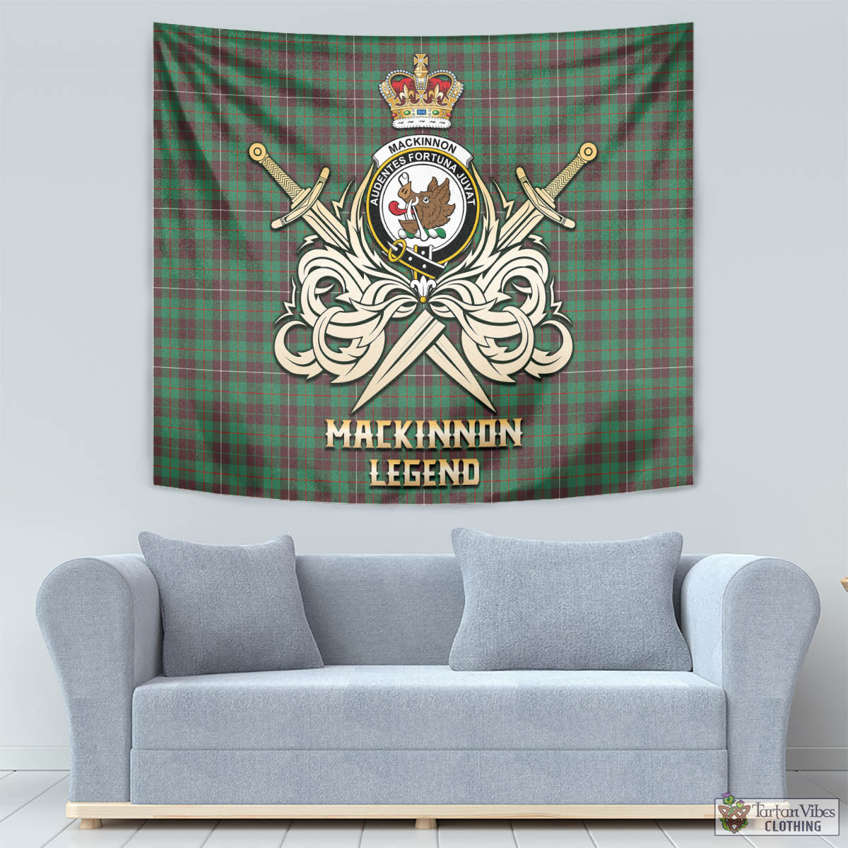 Tartan Vibes Clothing MacKinnon Hunting Ancient Tartan Tapestry with Clan Crest and the Golden Sword of Courageous Legacy