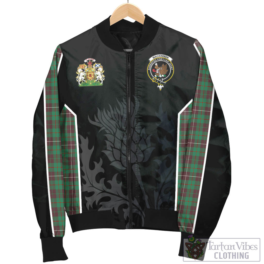 Tartan Vibes Clothing MacKinnon Hunting Ancient Tartan Bomber Jacket with Family Crest and Scottish Thistle Vibes Sport Style