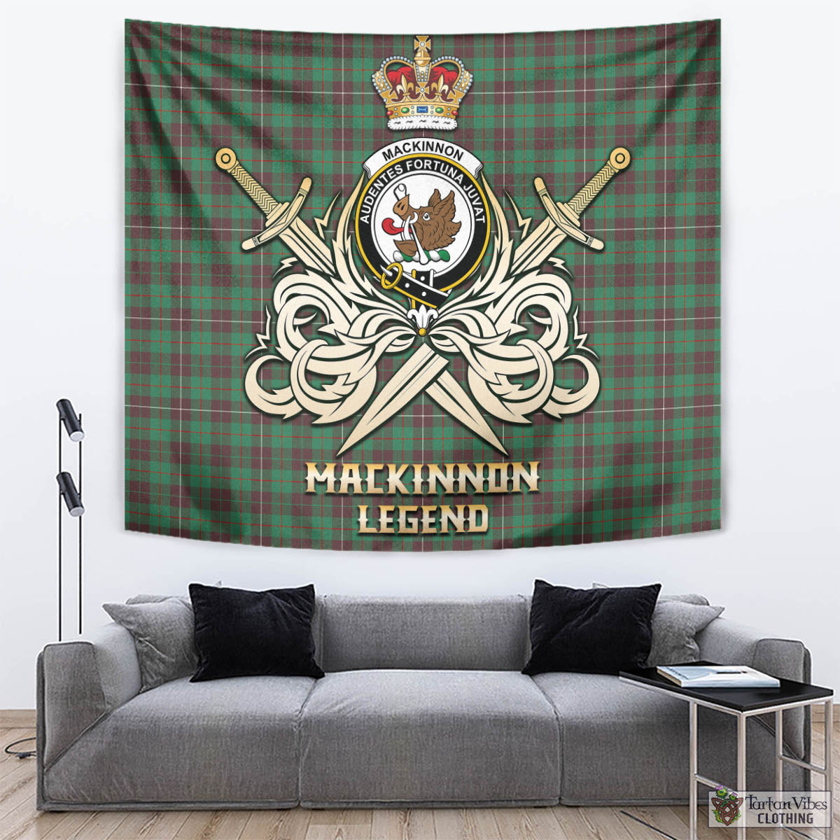 Tartan Vibes Clothing MacKinnon Hunting Ancient Tartan Tapestry with Clan Crest and the Golden Sword of Courageous Legacy