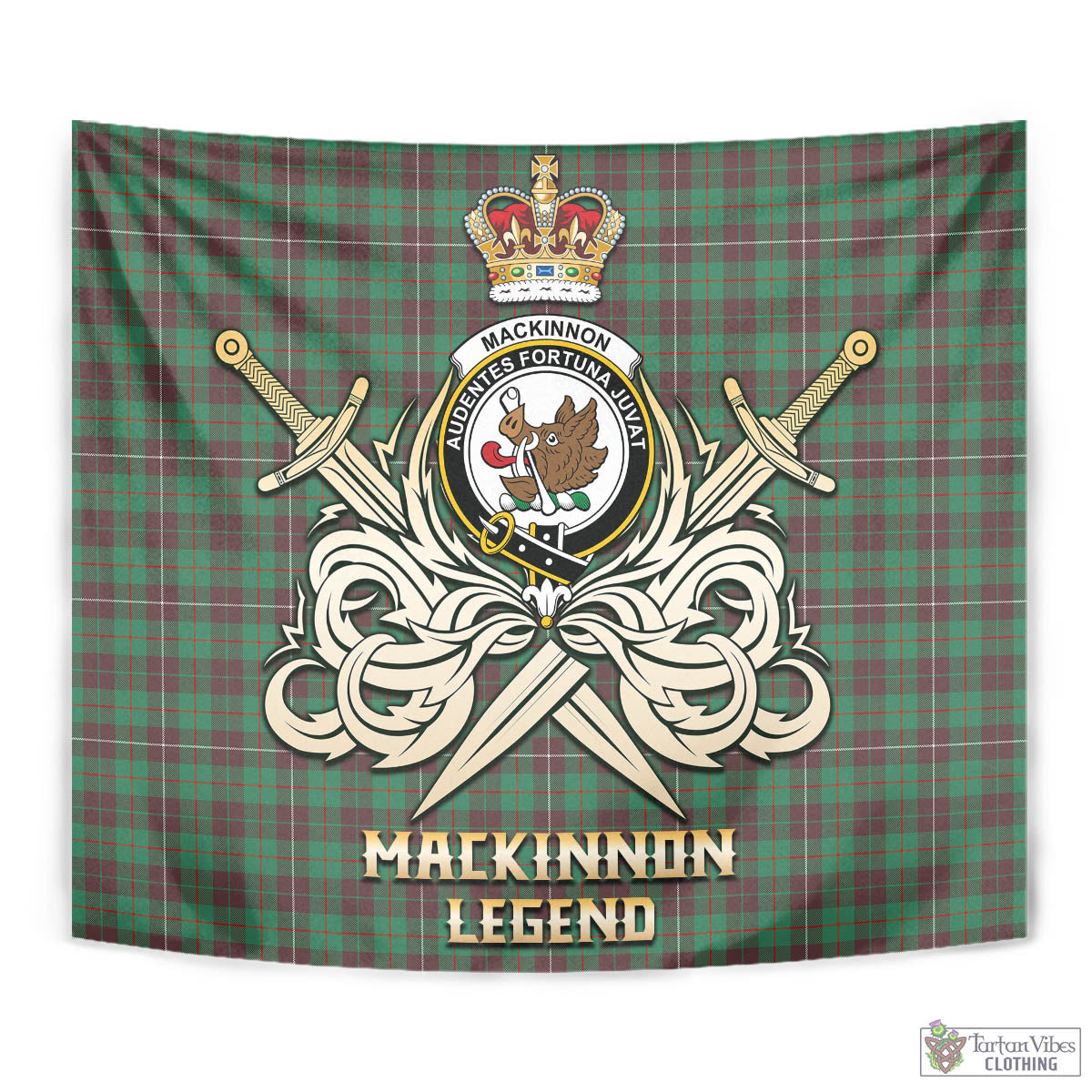 Tartan Vibes Clothing MacKinnon Hunting Ancient Tartan Tapestry with Clan Crest and the Golden Sword of Courageous Legacy